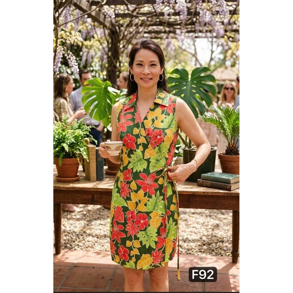 Selene Sport Vintage Tropical Floral Wrap Dress Sz L Hibiscus Monstera Tiki
